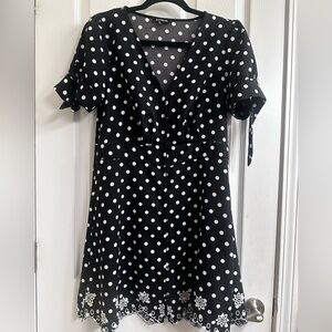 Express Black and White Polkadot Sort Sleeve Sundress With Embroidered Hemline